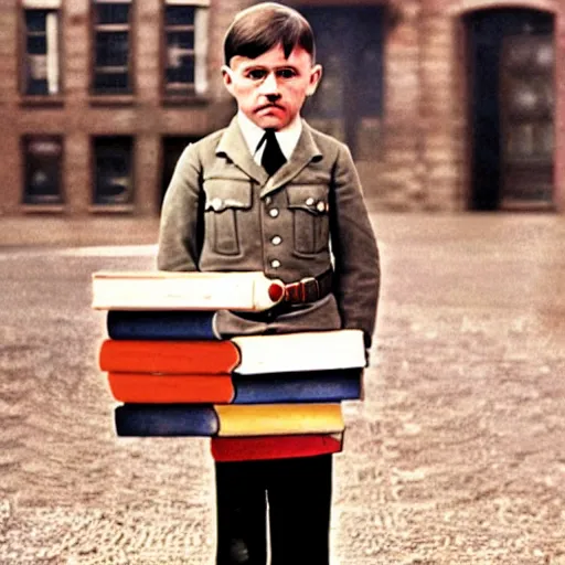 Prompt: full length photo of a child adolf hitler standing carrying school books, hitler moustache, digital art, full color