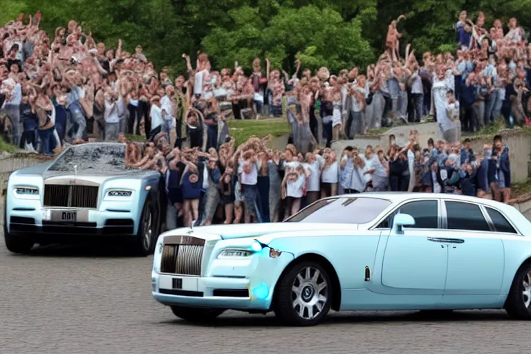 Image similar to Group of teenagers push Rolls-Royce into lake