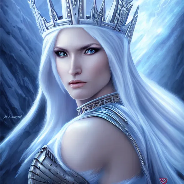 Image similar to beautiful ice queen warrior with ice powers artgerm anne stokes highly detailed 8 k hdr smooth sharp focus high resolution award - winning photo photorealistic