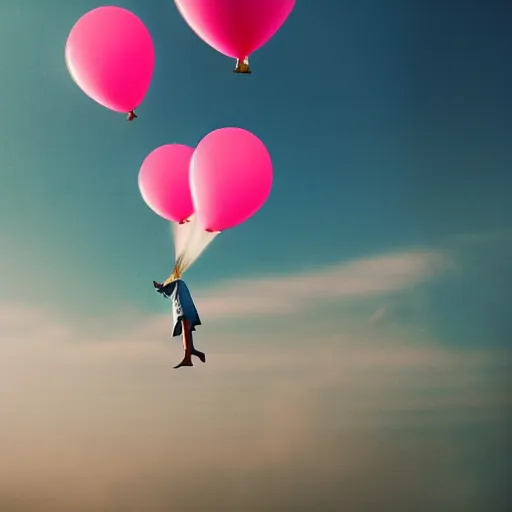 Image similar to dream a 5 0 mm lens photograph of a cute pink floating modern house, floating in the air between clouds, inspired by the movie up, held up from above by heart ballons. mist, playful composition canon, nikon, award winning, photo of the year