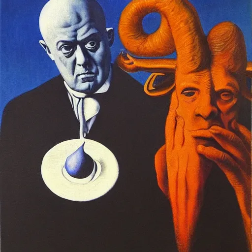 Prompt: Aleister Crowley with baphomet, by Raphael Hopper, and Rene Magritte. Highly detailed, romantic, enchanting, magical, trending on artstationHQ