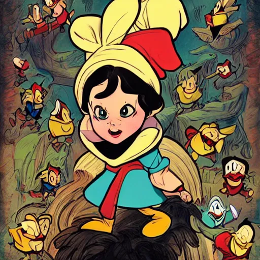 Image similar to snow white and the seven dwarfs, artwork by skottie young