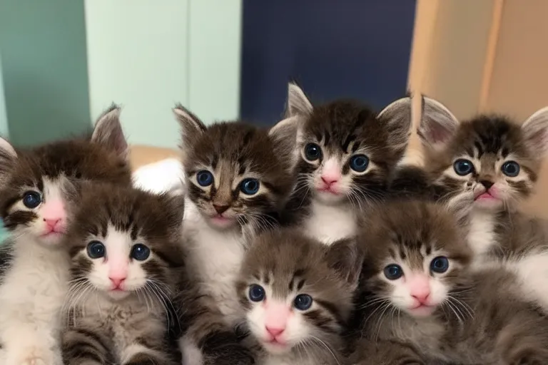 Prompt: exactly five kittens in a room and the kittens are looking directly into the focal point of the camera