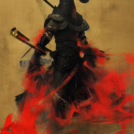 Image similar to a chinese warrior in black robes with red elements playing flute, beautiful composition, by ruan jia and wlop