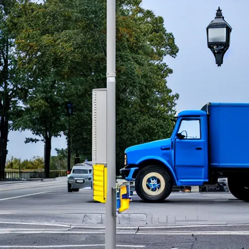 Image similar to blue truck dangling from atop a street light pole