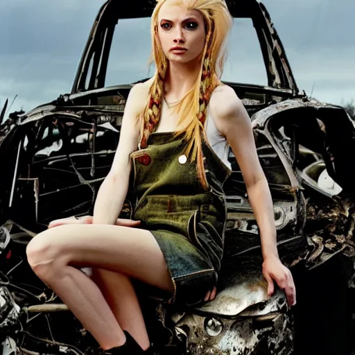 Image similar to a skinny extremely beautiful female high-fantasy elf with a long face narrow chin and short spiky blonde hair wearing dark brown overalls and holding a bomb next to a destroyed car, gel spiked blond hair, narrow lips, high resolution film still, HDR color, photograph by Mario Testino