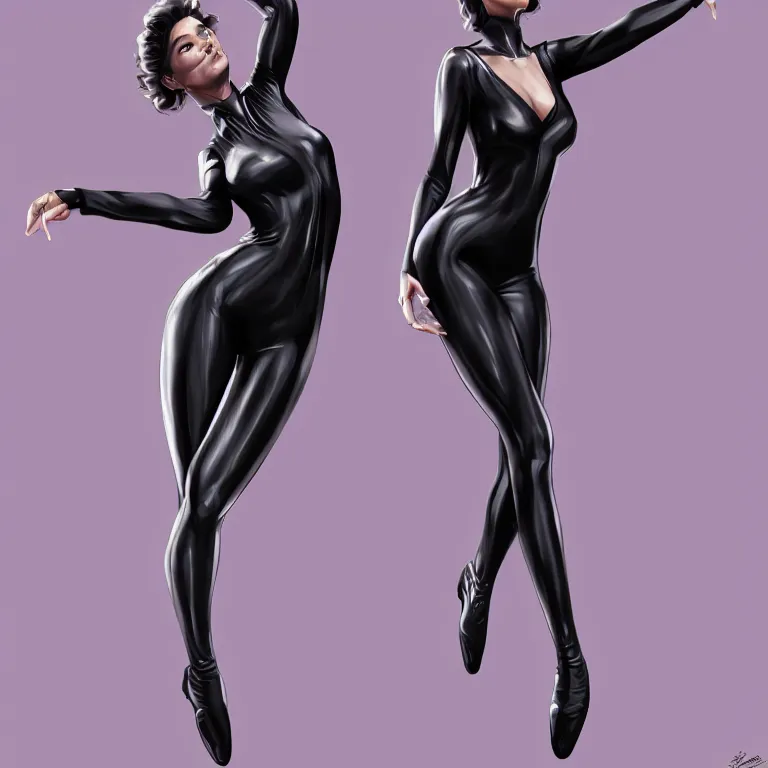 Image similar to dancer one is wearing a tight black suit with reflections by artgerm, retrofuturism, trending on artstation