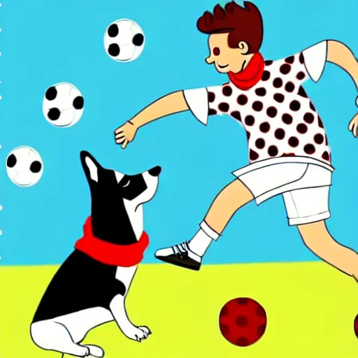 Image similar to illustration of french boy playing football with a corgi wearing a polka dot scarf in paris