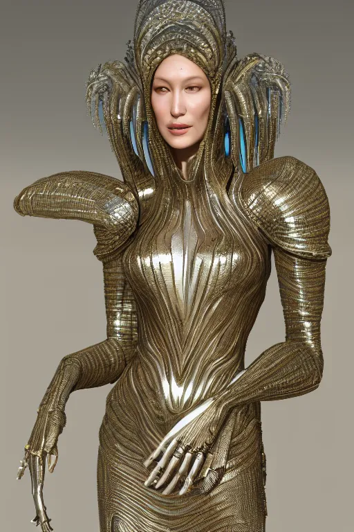 Image similar to a highly detailed medium shot 8 k render portrait of an alien goddess bella hadid in iris van herpen dress schiaparelli armor in diamonds and lots of jewelry in style of alphonse mucha trending on artstation made in unreal engine 4