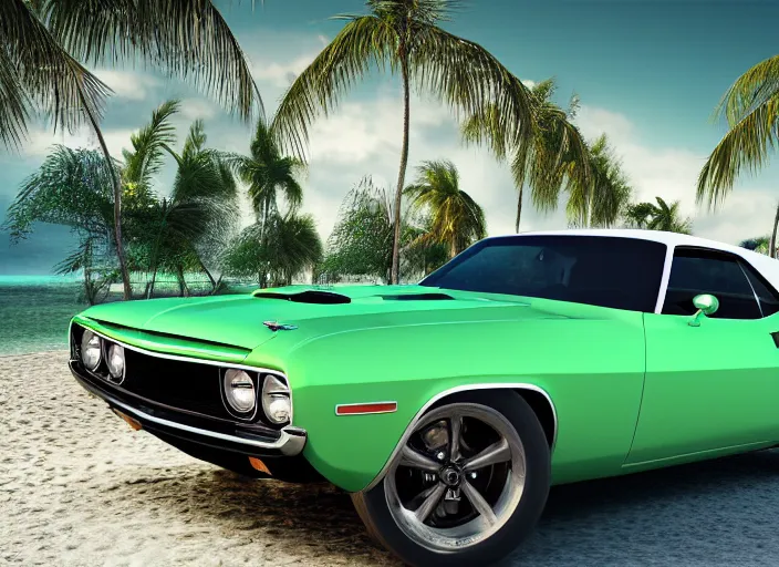 Prompt: hyperrealism, detailed textures, photorealistic 3 d render, a dreamy beach in cuba, a 1 9 7 0 hemi cuda with mopar green colour scheme, sharp focus, ultra realistic, ultra high pixel detail, cinematic, intricate, cinematic light, concept art, illustration, art station, unreal engine 8 k