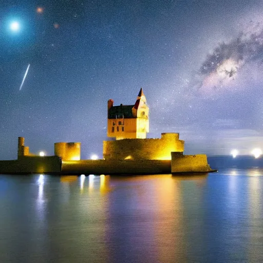 Prompt: a magnificent castle in the night sky above ocean, launching missiles, sense of awe, breathtaking, extremely detailed