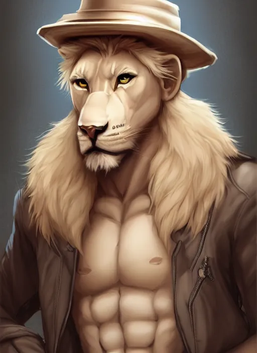 Image similar to aesthetic portrait commission of a of a male fully furry muscular anthro albino lion wearing attractive builders outfit with builders hat. Character design by charlie bowater, ross tran, artgerm, and makoto shinkai, detailed, inked, western comic book art, award winning film poster painting