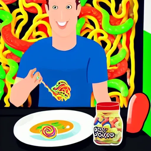 Image similar to mark zuckerberg eating gummy worm ramen