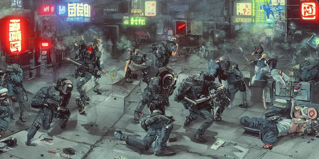 Prompt: 1992 Video Game Concept Art, Anime Neo-tokyo Cyborg bank robbers vs police, Set in Cyberpunk Bank Vault, bags of money, Multiplayer set-piece :9, Police officers hit by bullets, Police Calling for back up, Bullet Holes and Blood Splatter, :6 ,Hostages, Smoke Grenades, Riot Shields, Large Caliber Sniper Fire, Chaos, Cyberpunk, Money, Anime Bullet VFX, Machine Gun Fire, Violent Gun Action, Shootout, Escape From Tarkov, Payday 2, Highly Detailed, 8k :7 by Katsuhiro Otomo + Studio Gainax + Sanaril : 8