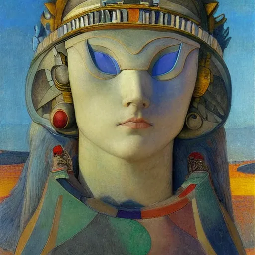 Image similar to the young robot goddess with her feathered bird mask, by annie swynnerton and diego rivera and elihu vedder, symbolist, dramatic lighting, elaborate geometric ornament, head and shoulders view, art brut, soft cool colors, smooth, sharp focus, extremely detailed, adolf wolfli