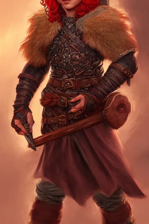 Prompt: male halfling druid with red hair and leather armor, character portrait, concept art, intricate details, highly detailed photorealistic portrait in the style of adam hughes, seseon yoon, artgerm and warren louw