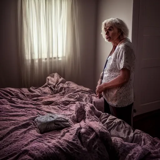 Image similar to older woman inside her bedroom, dramatic colored lighting, mysterious ambiance : : gregory crewdson photo style : : nikon d 8 1 0, ƒ / 2. 5, focal length : 8 5. 0 mm, exposure time : 1 / 8 0 0, iso : 2 0 0