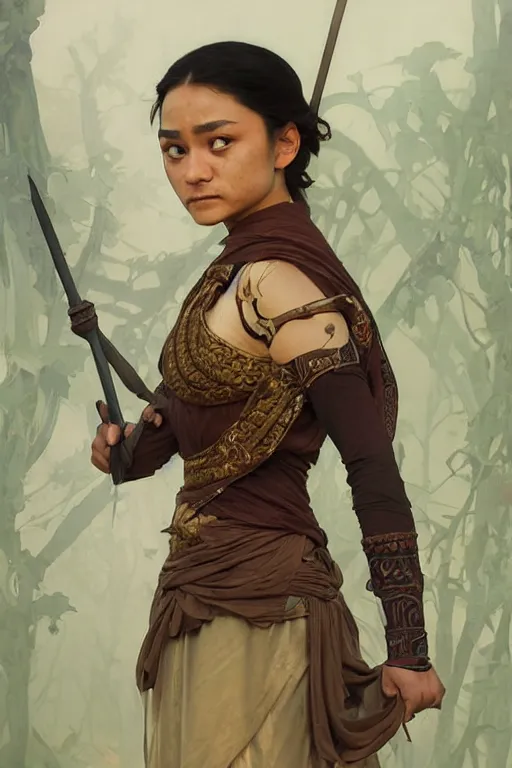 Image similar to ancient javanese arya stark, highly detailed, digital painting, artstation, concept art, smooth, sharp focus, illustration, ArtStation, art by artgerm and greg rutkowski and alphonse mucha and J. C. Leyendecker and Edmund Blair Leighton and Katsuhiro Otomo and Geof Darrow and Phil hale and Ashley wood and Ilya repin and Charlie Bowater