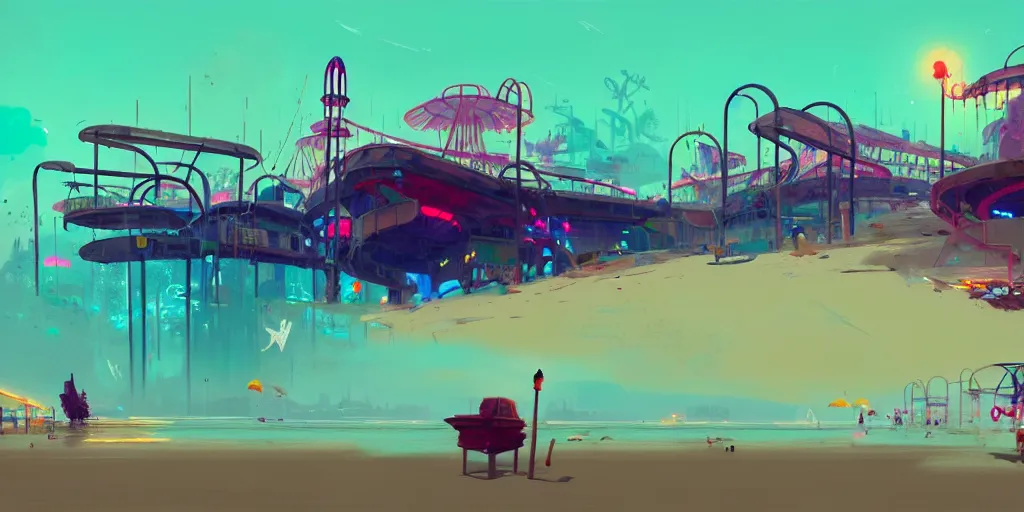 Prompt: concept art of a polluted beachfront with a broken pier and abandoned amusement park attractions, grimy, gritty, trending on artstation, award winning painting, cgi, art by anton fadeev and john howe and simon stalenhag