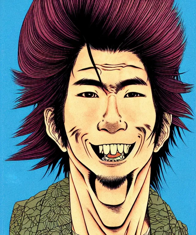 Image similar to a portrait of ruggedly handsome young japanese man with a who is smiling into the camera, his hair is messy and wild, a masterful and highly - skilled full color illustration by otomo katsuhiro and terada katsuya, anatomically correct, sharp focus, m, vivid colors