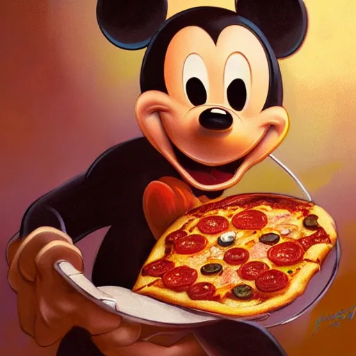 Prompt: portrait of Mickey mouse opening his mouth to eat pizza, highly detailed, digital painting, artstation, concept art, sharp focus, illustration, art by artgerm and greg rutkowski and alphonse mucha
