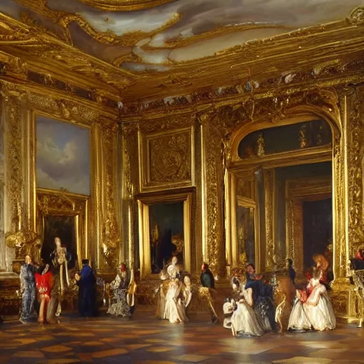 Image similar to fine art, oil on canvas. the interior of the palace of versailles in france. fine art in the walls and