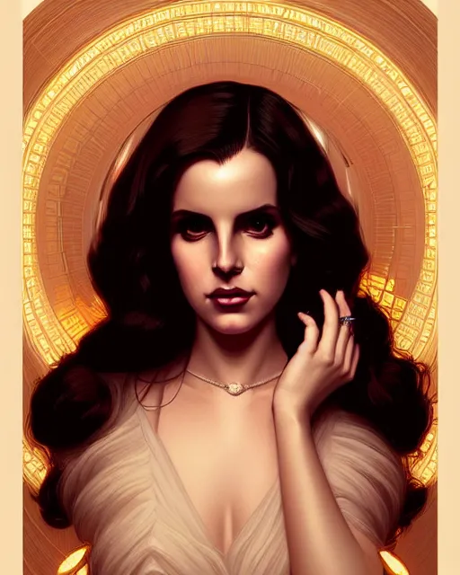 Image similar to symmetry portrait of lana del rey, glam, deco, glowing lights intricate, elegant, highly detailed, digital painting, artstation, concept art, smooth, sharp focus, illustration, art by artgerm and greg rutkowski and fra angelico and alphonse mucha