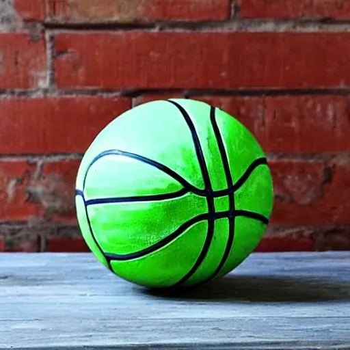 Prompt: a basketball made out of colorful glazed terracotta on a wooden table