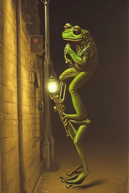 Image similar to a frog playing saxphone alone on a street corner, under a street lamp, at night, painting by edward poynter, trending on artstation