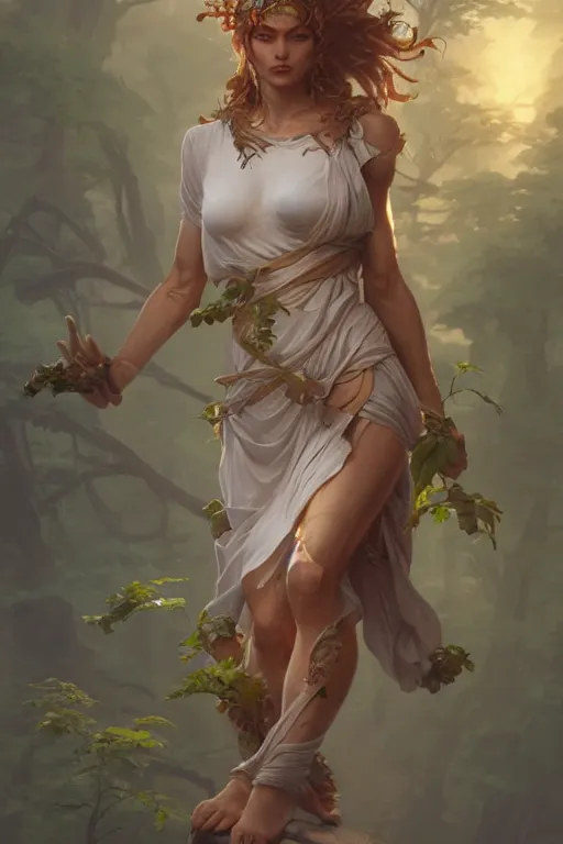 Prompt: goddess of nature, accurate anatomy, only two hands, highly detailed, digital painting, artstation, concept art, smooth, sharp focus, illustration, Unreal Engine 5, 8K, art by artgerm and greg rutkowski and edgar maxence