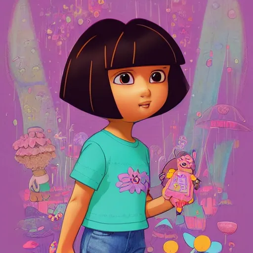Prompt: dora the explorer as real girl in happy pose, detailed, intricate complex background, Pop Surrealism lowbrow art style, muted pastel colors, soft lighting, 50's looks by Yosuke Ueno, artstation cgsociety