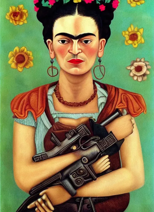 Prompt: frida kahlo as a six shooter cowboy