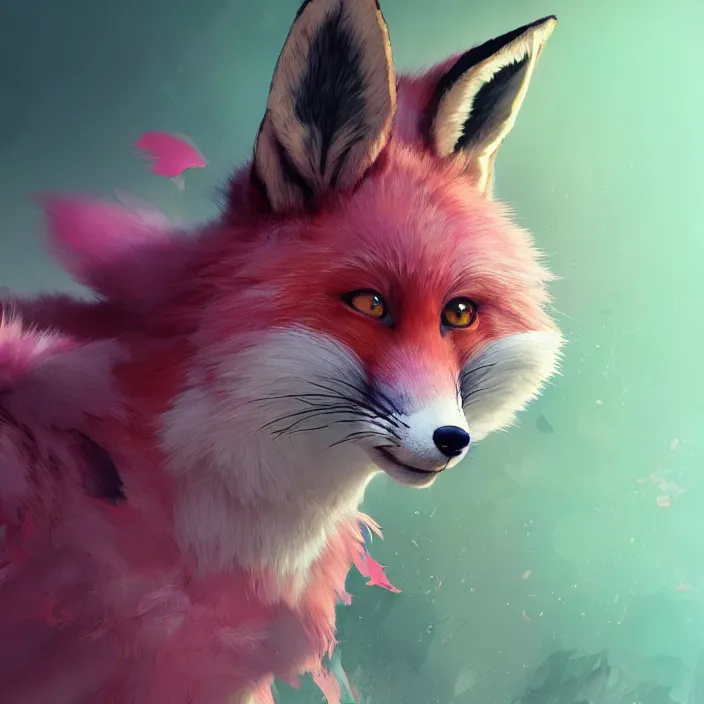 Image similar to a beautiful headshot portrait of a cute anime male fox boy with pink and green fur. character design by cory loftis, fenghua zhong, ryohei hase, ismail inceoglu and ruan jia. artstation, volumetric light, detailed, photorealistic, fantasy, rendered in octane