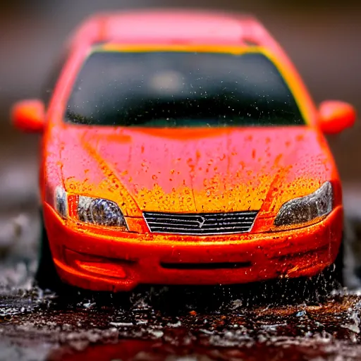 Image similar to macro photography of a hot wheels car driving through a puddle in the rain, 3 5 mm