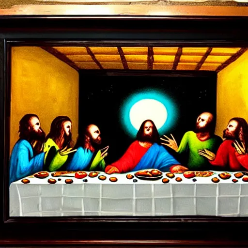 Prompt: aliens in the last supper, eating alien food, painting