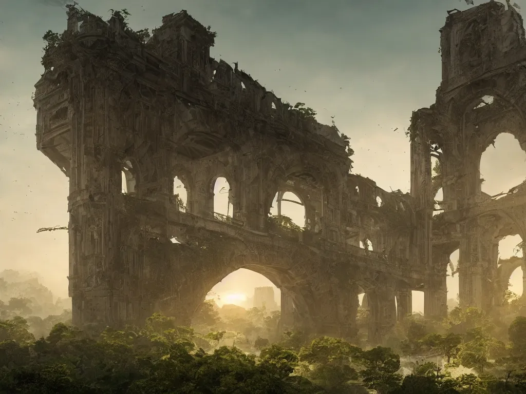 Image similar to a high magnificent broken bridge in a war-torn city, ruins, surrounded by lush green vegetation, stunning volumetric lighting, sunset, solid concrete, stunning skies, trending on Artstation, 8k, photorealistic, hyper detailed, unreal engine 5, IMAX quality, cinematic, epic lighting, in the style of DOOM and Quake and Le Corbusier and Greg Rutkowski