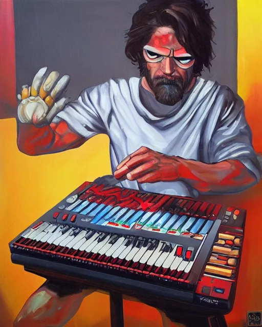 Image similar to cyclops (from x-men) finger drumming on an Akai MPC 2000XL, painting by Toni Toscani, oil on canvas