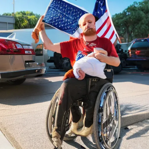 Prompt: a disabled vet, holds his infant with his left arm and salutes the flag with his right prosthetic arm, golden hour, patriotic - n 4