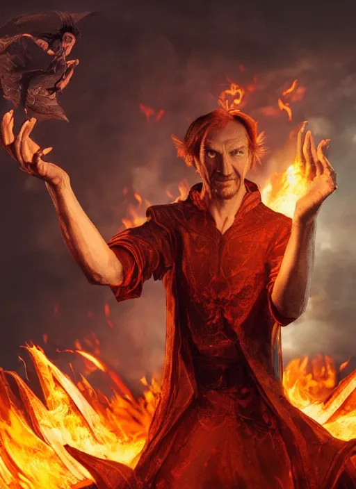 Image similar to A fantasy comic book style portrait painting of David Thewlis as a godlike Sorcerer casting a fire spell, unreal 5, DAZ, hyperrealistic, octane render, RPG portrait, ambient light, dynamic lighting