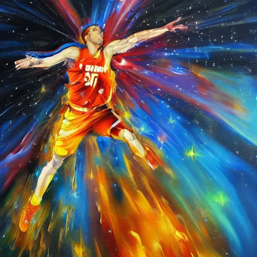 Image similar to An expressive oil painting of a basketball player dunking, depicted as an explosion of a nebula