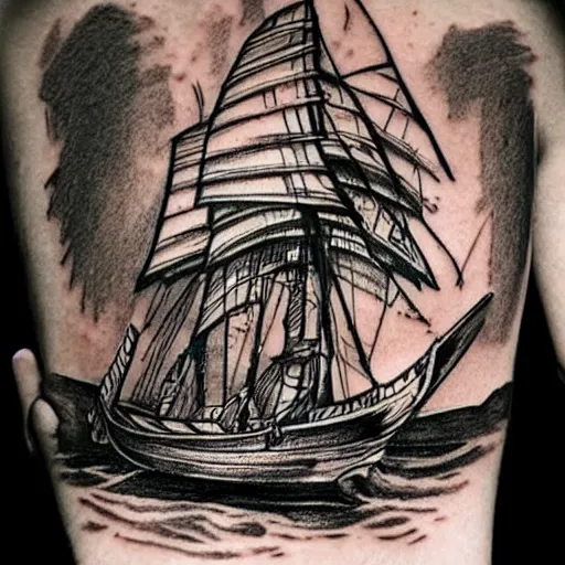 Prompt: realism tattoo design sketch of a pirate ship, in the style of Sivak