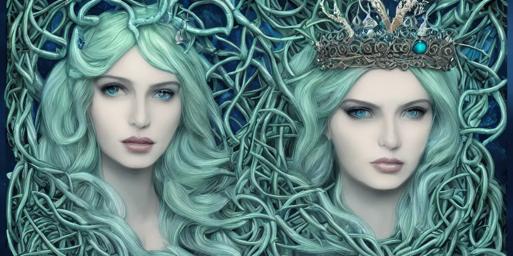 Image similar to portrait of the queen of snakes, pale blue, emerald, sapphire, wearing a crown of vines, moonlit, dark fantasy, artstation