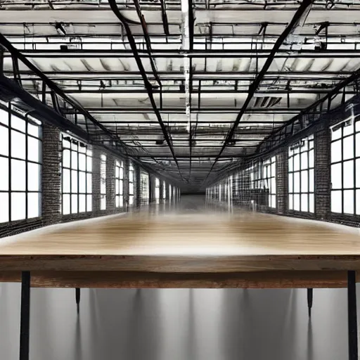 Image similar to cinematic concept, located in empty industrial warehouse with sunlight streaming through the windows, a large table in the middle of the frame that takes up a lot of space, a group of people standing around the table, on top of the table is a large hologram of a city futuristic city, some people are wearing virtual reality headsets in the foreground