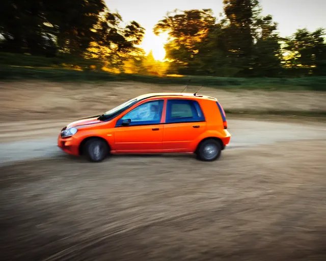 Image similar to border collie dog in the driver's seat of an orange nissan note, paws on wheel, car moving fast, rally driving photo, award winning photo, golden hour, front of car angle, extreme motion blur, 3 0 0 mm lens