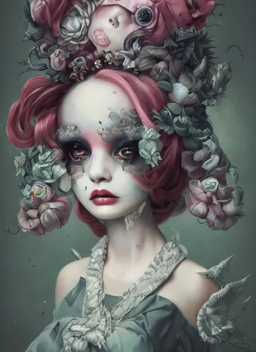 Image similar to pop surrealism, lowbrow art, realistic cute dress fashion painting, japanese street fashion, hyper realism, muted colours, rococo, natalie shau, loreta lux, tom bagshaw, mark ryden, trevor brown style,