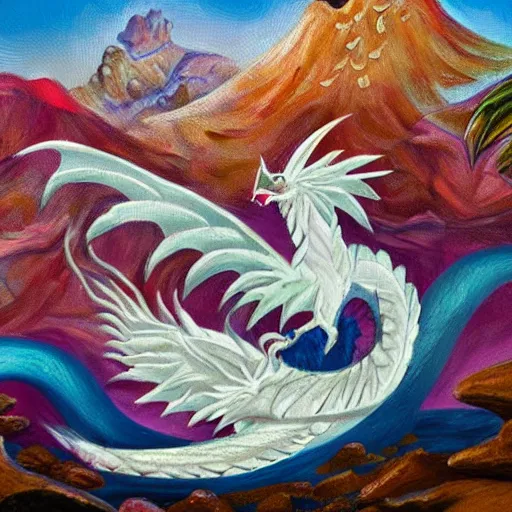 Image similar to highly detailed oil painting of a white dragon sitting in a colorful hotspring within a dark cavern