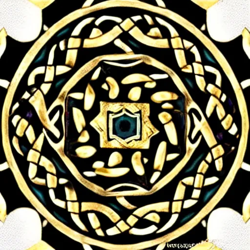 Prompt: ornate twisting three dimensional multilayered celtic pattern vortex inside a hexagonal shape, intricate detail, complex, jade, gold, silver, obsidian