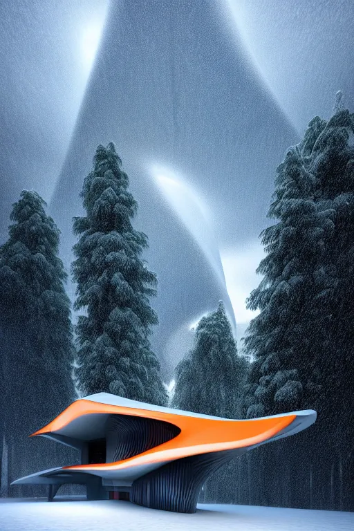Prompt: a futuristic scene in front of a zaha hadid building in the forrest of the french alps in the style of chris moore, stormy weather with lightning, cinematic matte painting, extreme detail 8 k photo quality, orange lasers, snowfall, featured on behance