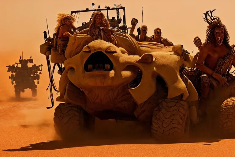 Image similar to simba ( from the lion king ), heavily armed and armored facing down armageddon in a dark and gritty version from the makers of mad max : fury road : witness me