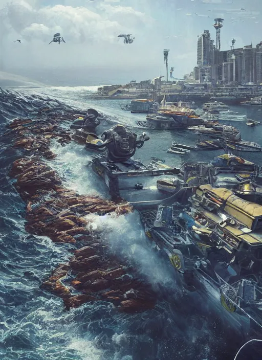 Prompt: hyper realistic robot attacking cape town city harbor beautiful details, strong composition, poster painted by greg rutkowski, james gurney and greg rutkowski weta studio, and lucasfilm and best of artstation